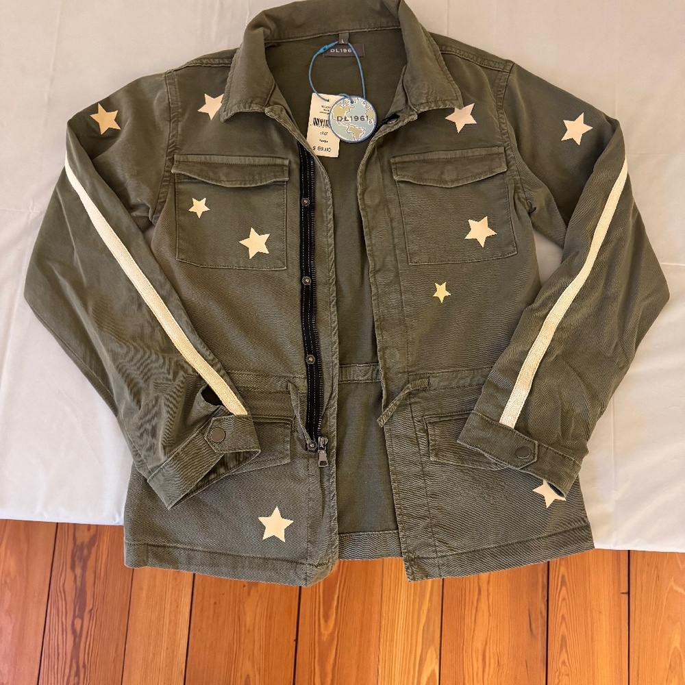 DL1961 Girls Rocco Star Print Utility Jacket, Size Large, Green